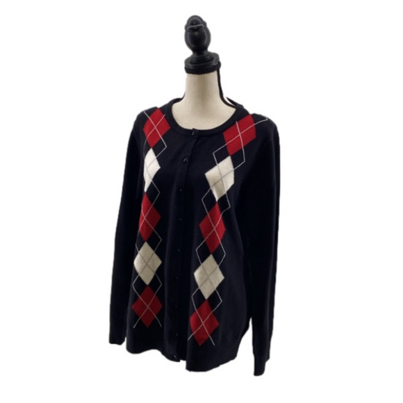 CROFT & BARROW Women’s Black/Red/White Argyle Button Down Cardigan Sweater—Large - Picture 1 of 10